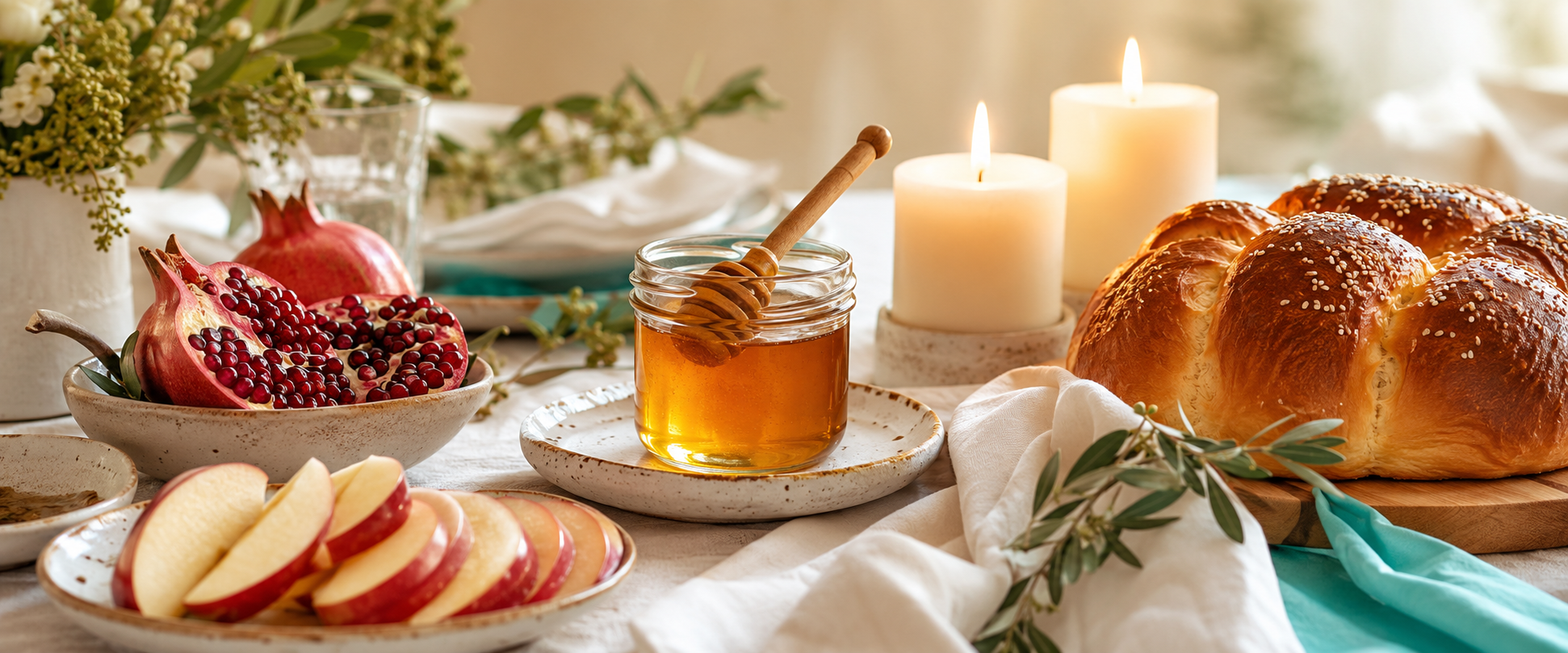 A festive Rosh Hashanah dinner table with apples, honey, pomegranates, and candles